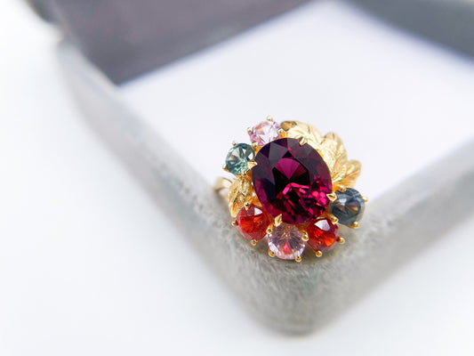 18K Gold Garnet  Spinel Leafy Ring