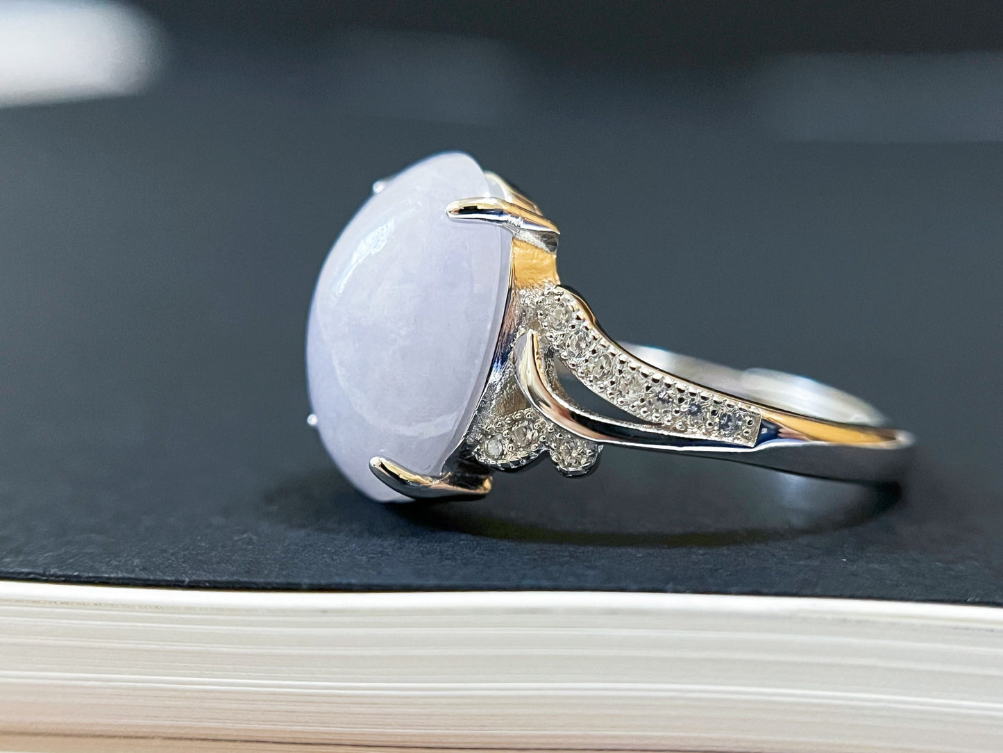 Lavender Jadeite Ring with Zircons and Silver