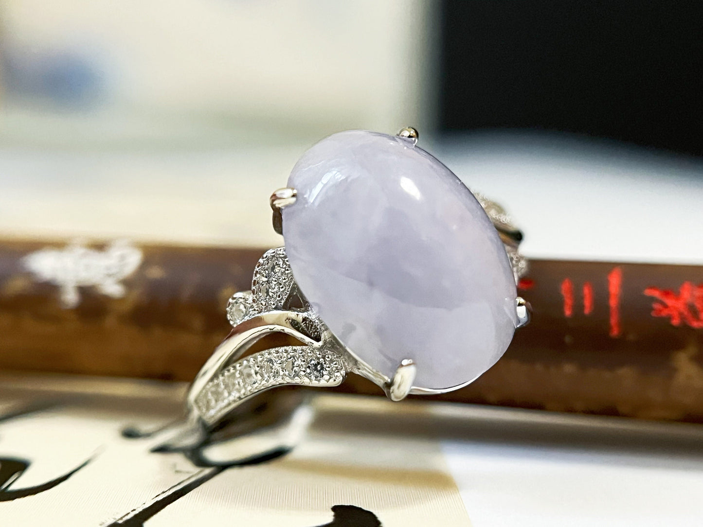 Lavender Jadeite Ring with Zircons and Silver