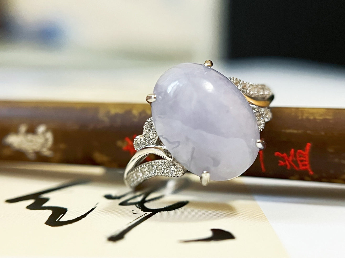 Lavender Jadeite Ring with Zircons and Silver