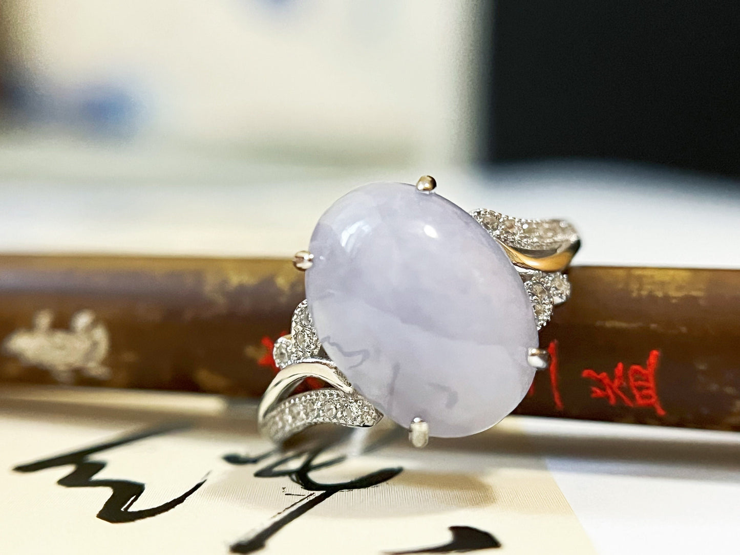 Lavender Jadeite Ring with Zircons and Silver