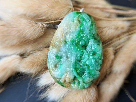 Tricolor Jade Dragon Crane Pendant