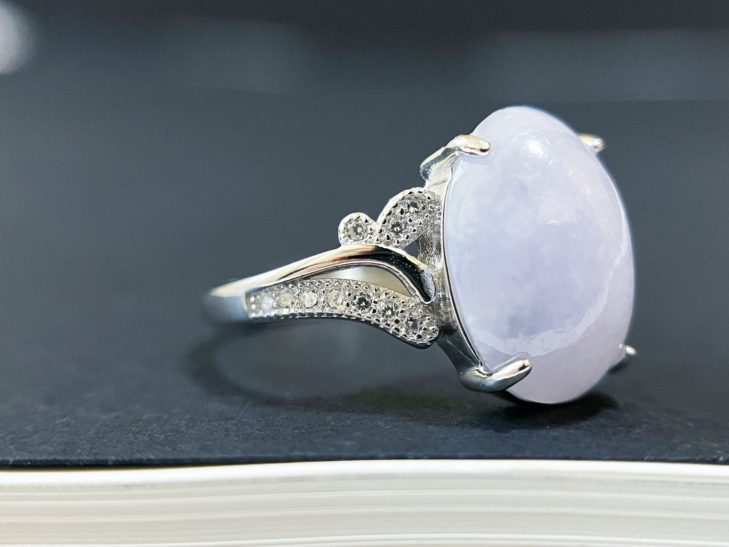 Lavender Jadeite Ring with Zircons and Silver