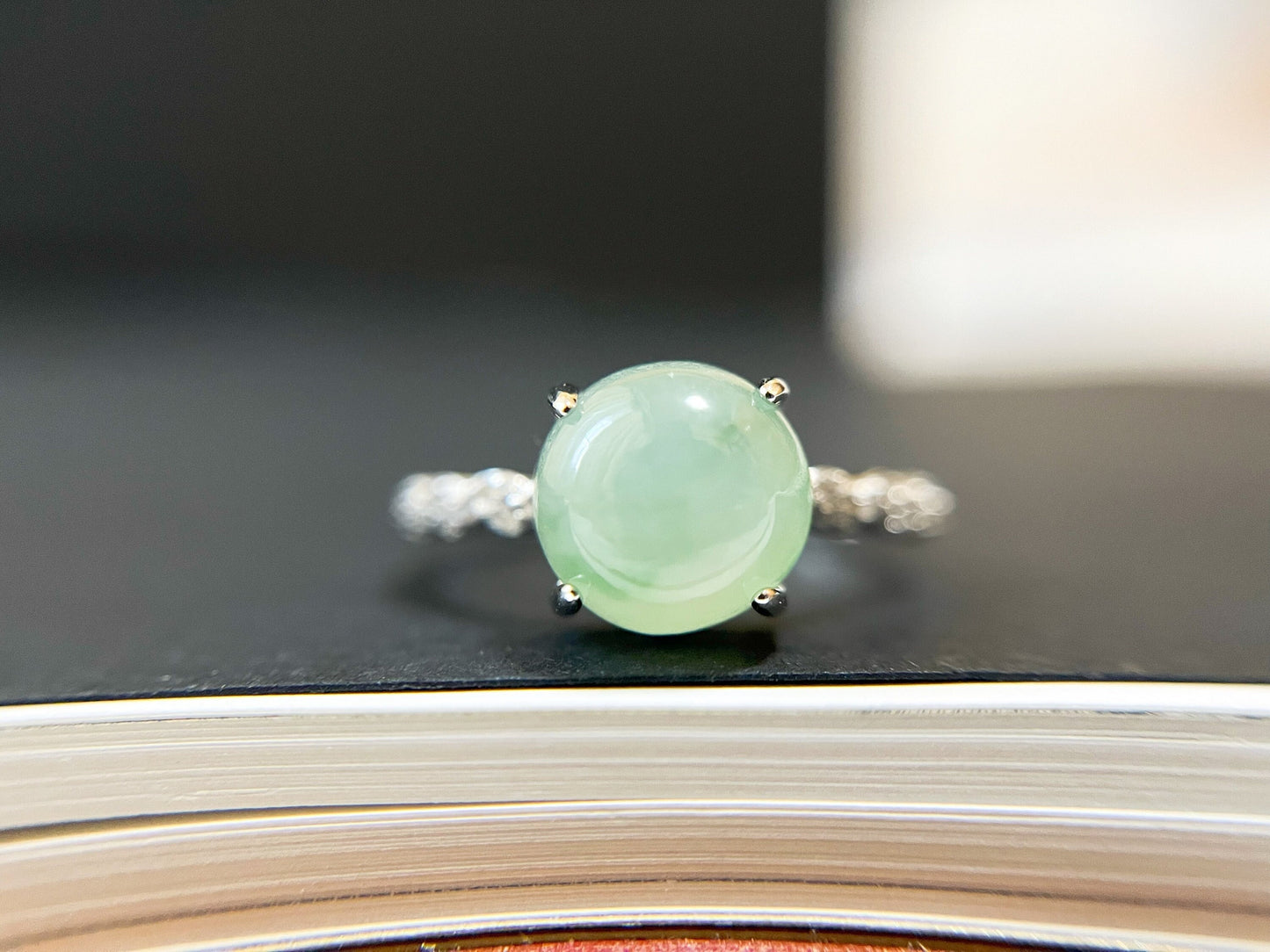 Icy Light Green Jade Silver Ring