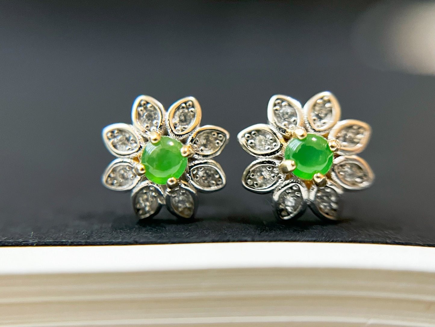 Jadeite Cabochon Sterling Silver Sunflower Ear Studs