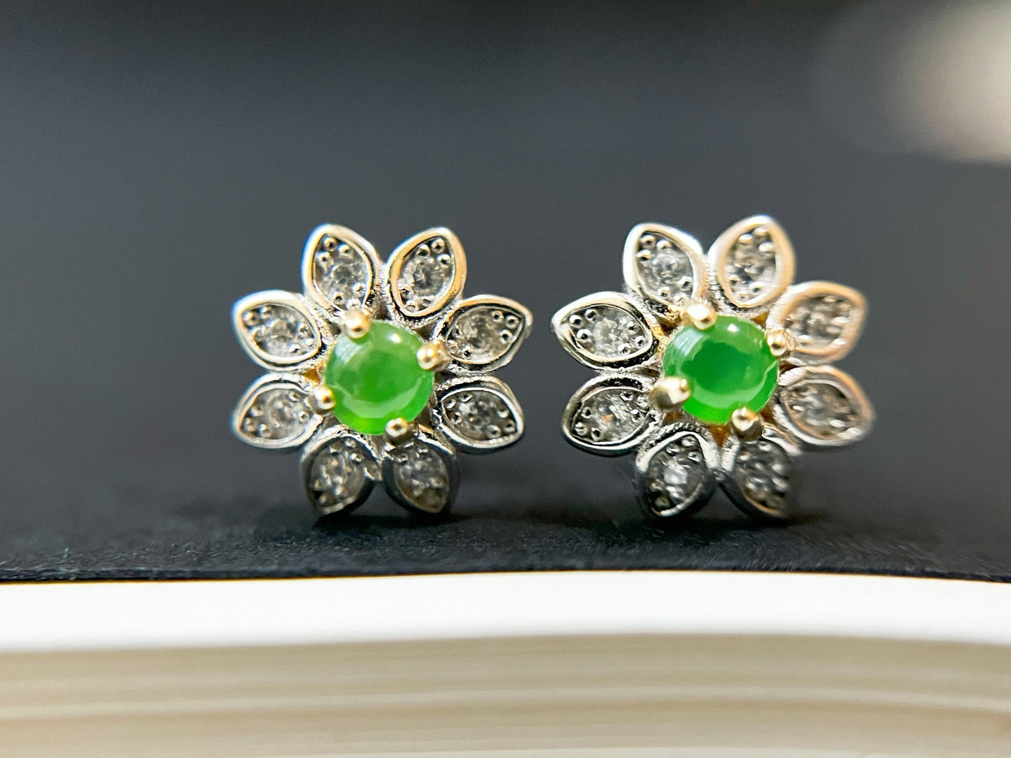 Jadeite Cabochon Sterling Silver Sunflower Ear Studs