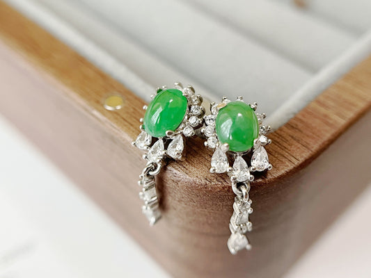 Boucles d'Oreilles Jade Vert - Argent Massif et Zircon