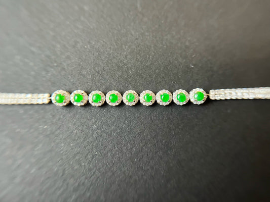 Imperial Green Jadeite Cabochon Silver Bracelet with Zircons