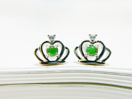 Natural Myanmar Vivid Green Jade Ear Studs, Crown-Shaped Silver Ear Studs with Brilliant Zircons