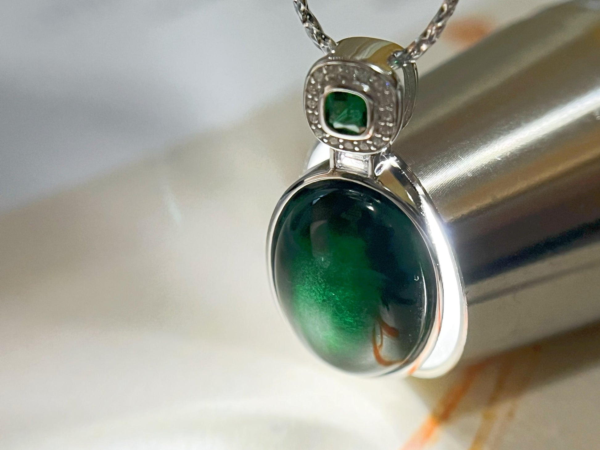 Natural Black Ink Jadeite Jade Pendant in 925 Silver with Zircons