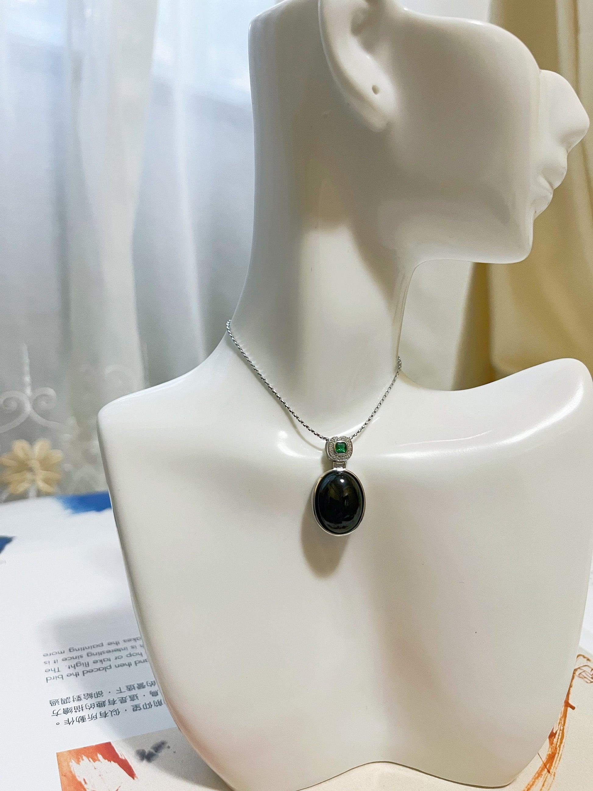 Natural Black Ink Jadeite Jade Pendant in 925 Silver with Zircons