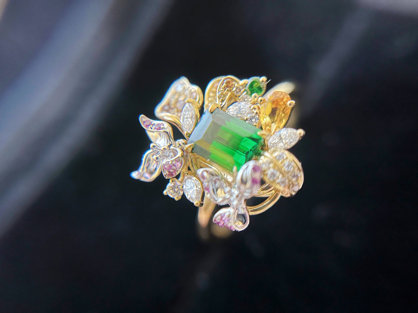 Vivid Green Tsavorite Flower Statement Ring with Diamonds Sapphires and Rubies
