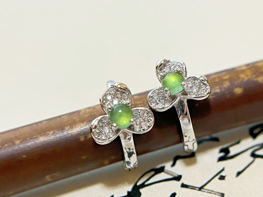 Natural Myanmar Icy Green Jade Cabochons Huggie Hoop Floral Shaped Earrings, set in 925 Sterling Silver and Zircons