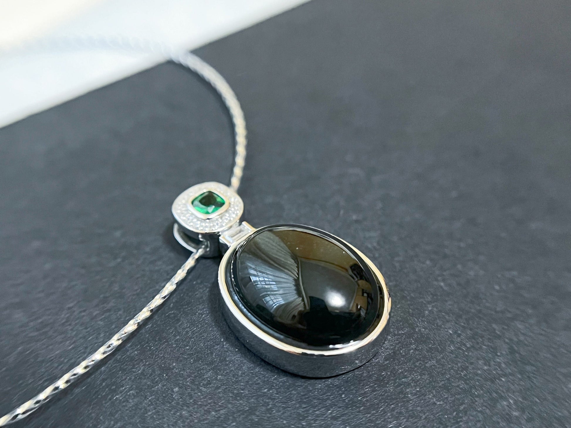 Natural Black Ink Jadeite Jade Pendant in 925 Silver with Zircons