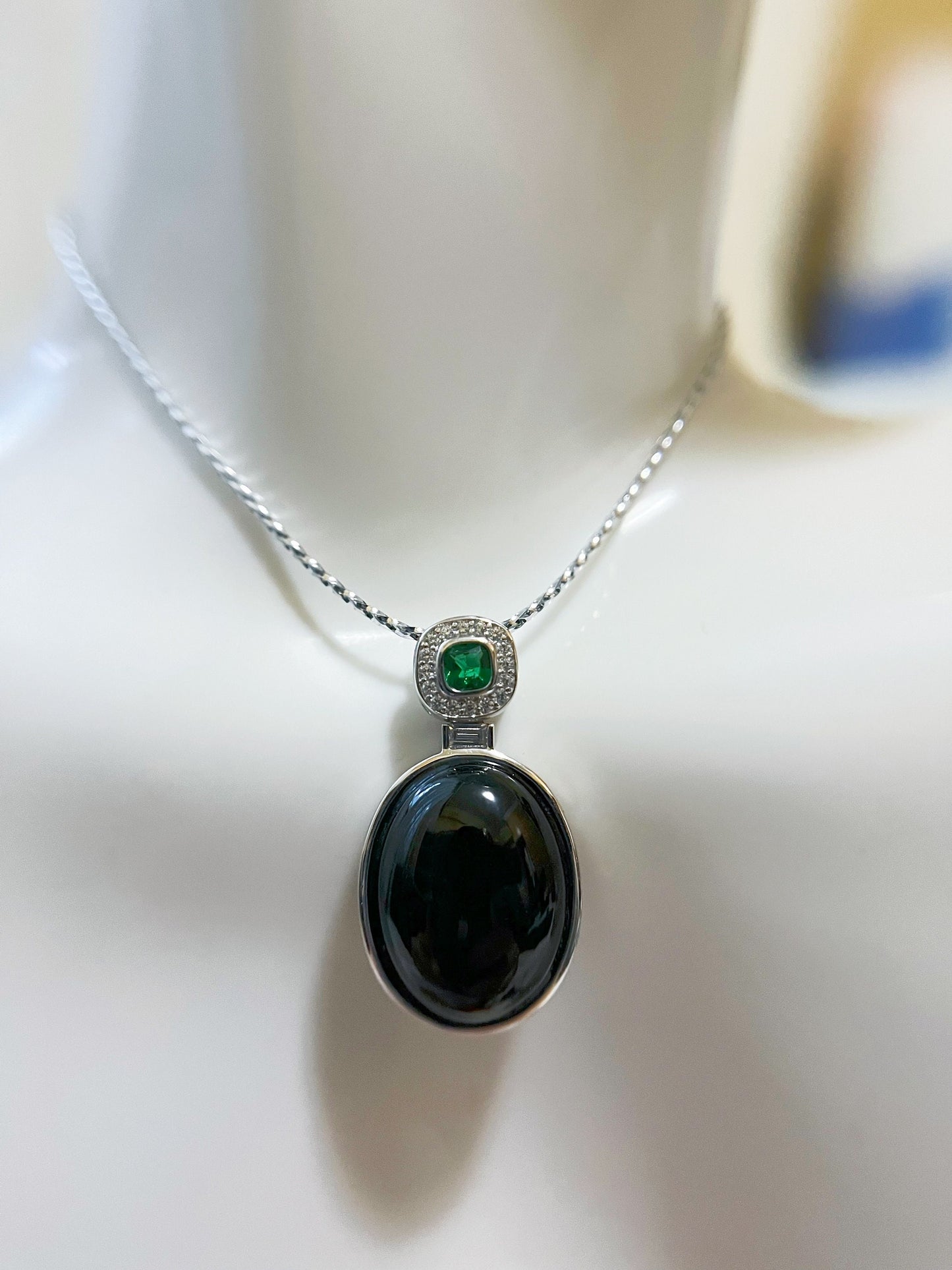 Natural Black Ink Jadeite Jade Pendant in 925 Silver with Zircons