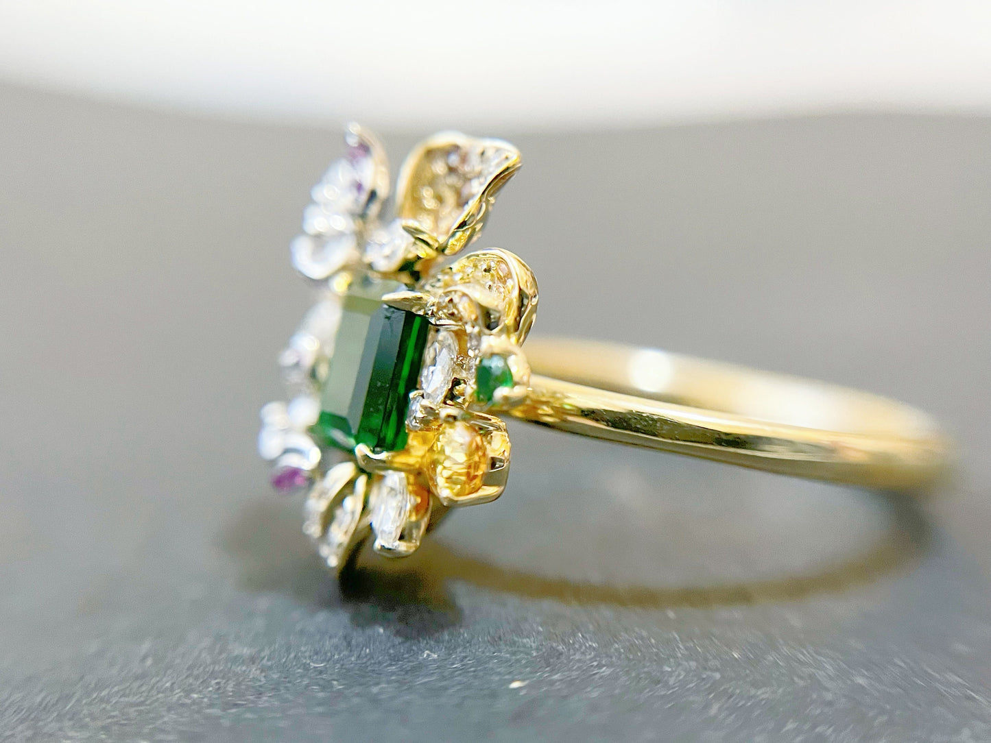 Green Tsavorite Flower Statement Ring with Diamonds Sapphires and Rubies