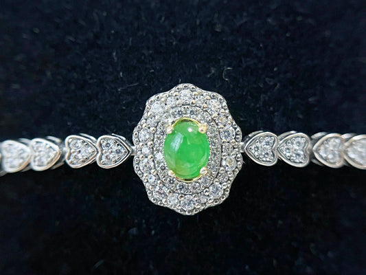 Natural Myanmar Icy Vivid Green Jadeite Oval Cabochon 925 Sterling Silver Bracelet with Zircons