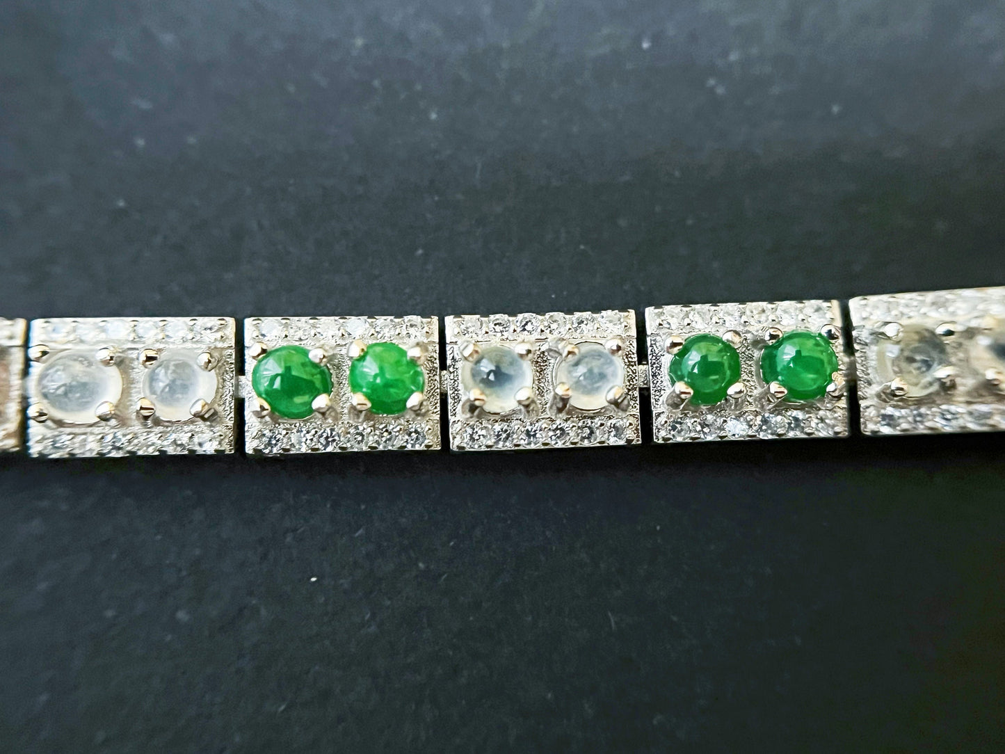 Three Colors Jade Cabochons Bracelet - Silver and Zircons