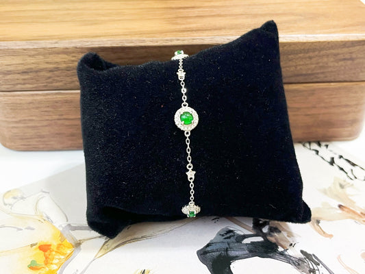 Natural Imperial Green Icy Jadeite Jade Cabochons Silver Bracelet with Zircons, Halo Jade Three Stone Bracelet