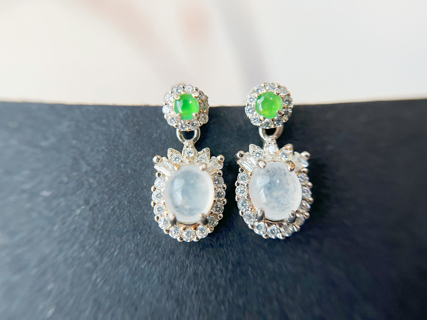 Jade Cabochon Drop Earrings - Silver and  Zircons