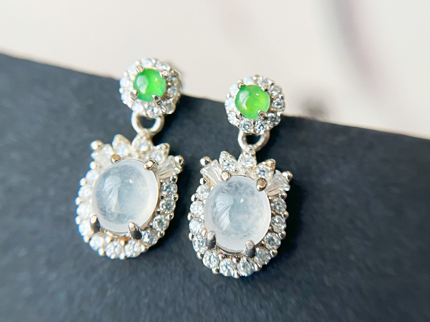 Jade Cabochon Drop Earrings - Silver and  Zircons