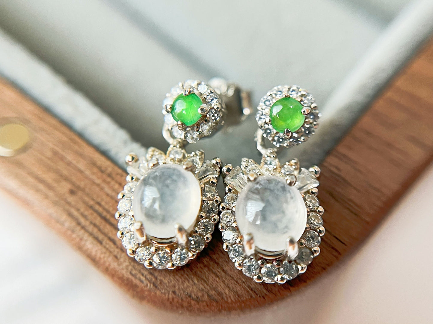 Jade Cabochon Drop Earrings - Silver and  Zircons