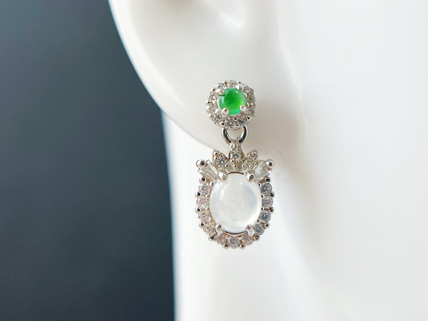 Jade Cabochon Drop Earrings - Silver and  Zircons