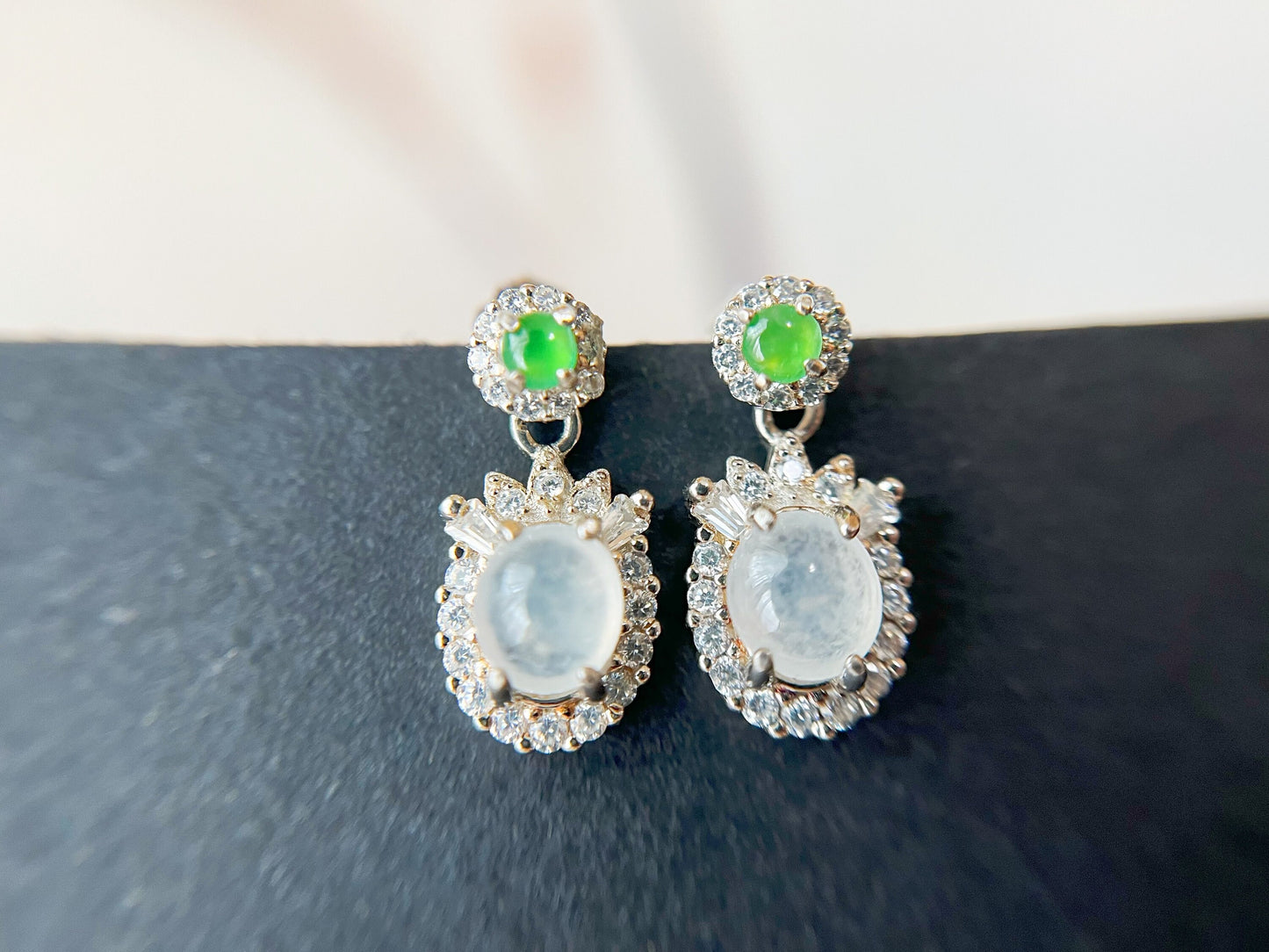 Jade Cabochon Drop Earrings - Silver and  Zircons