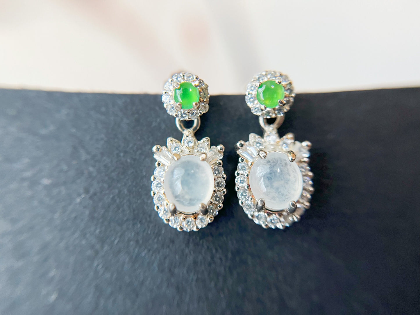 Jade Cabochon Drop Earrings - Silver and  Zircons