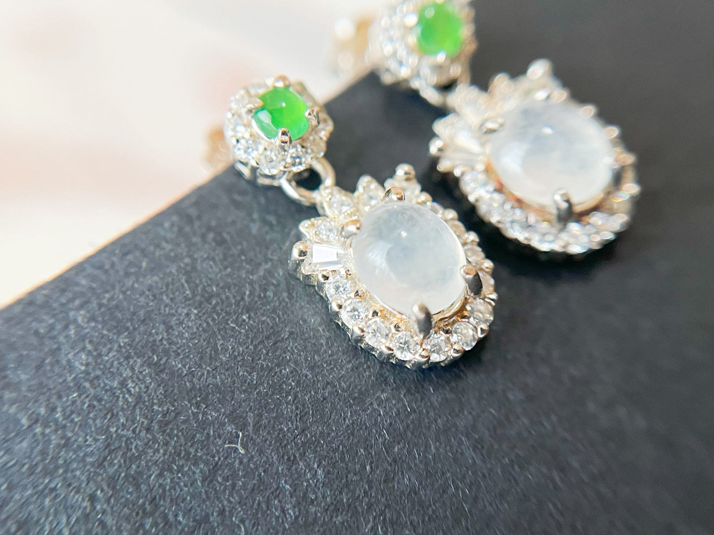 Jade Cabochon Drop Earrings - Silver and  Zircons