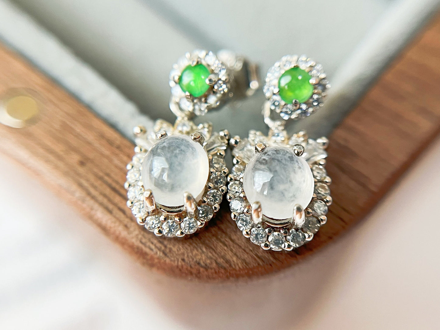 Jade Cabochon Drop Earrings - Silver and  Zircons