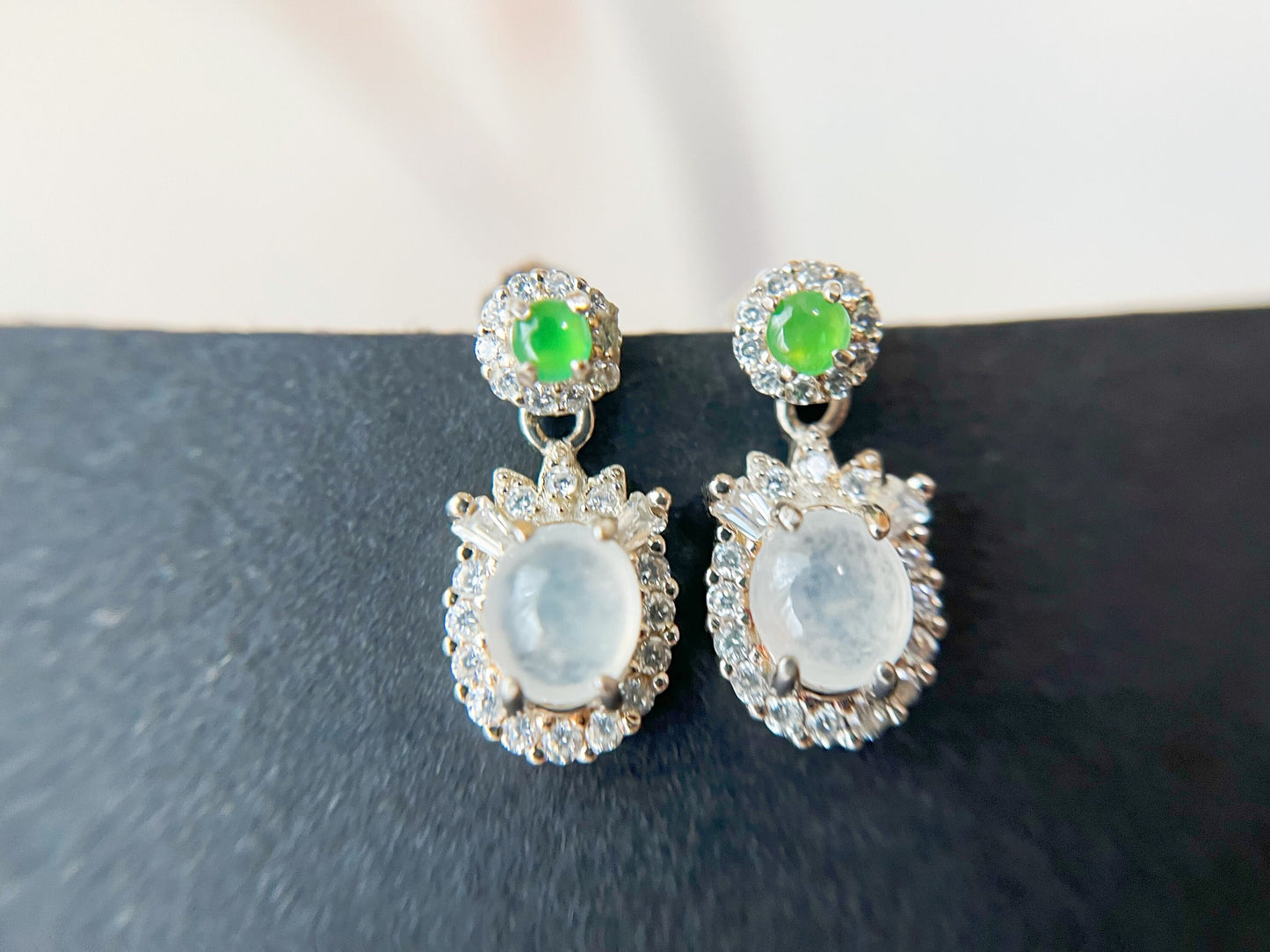 Jade Cabochon Drop Earrings - Silver and  Zircons