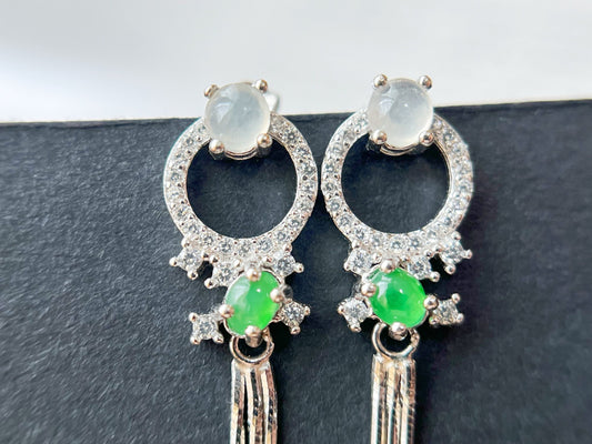 Green Jadeite Drop Earrings - Sterling Silver with Zircon Accents