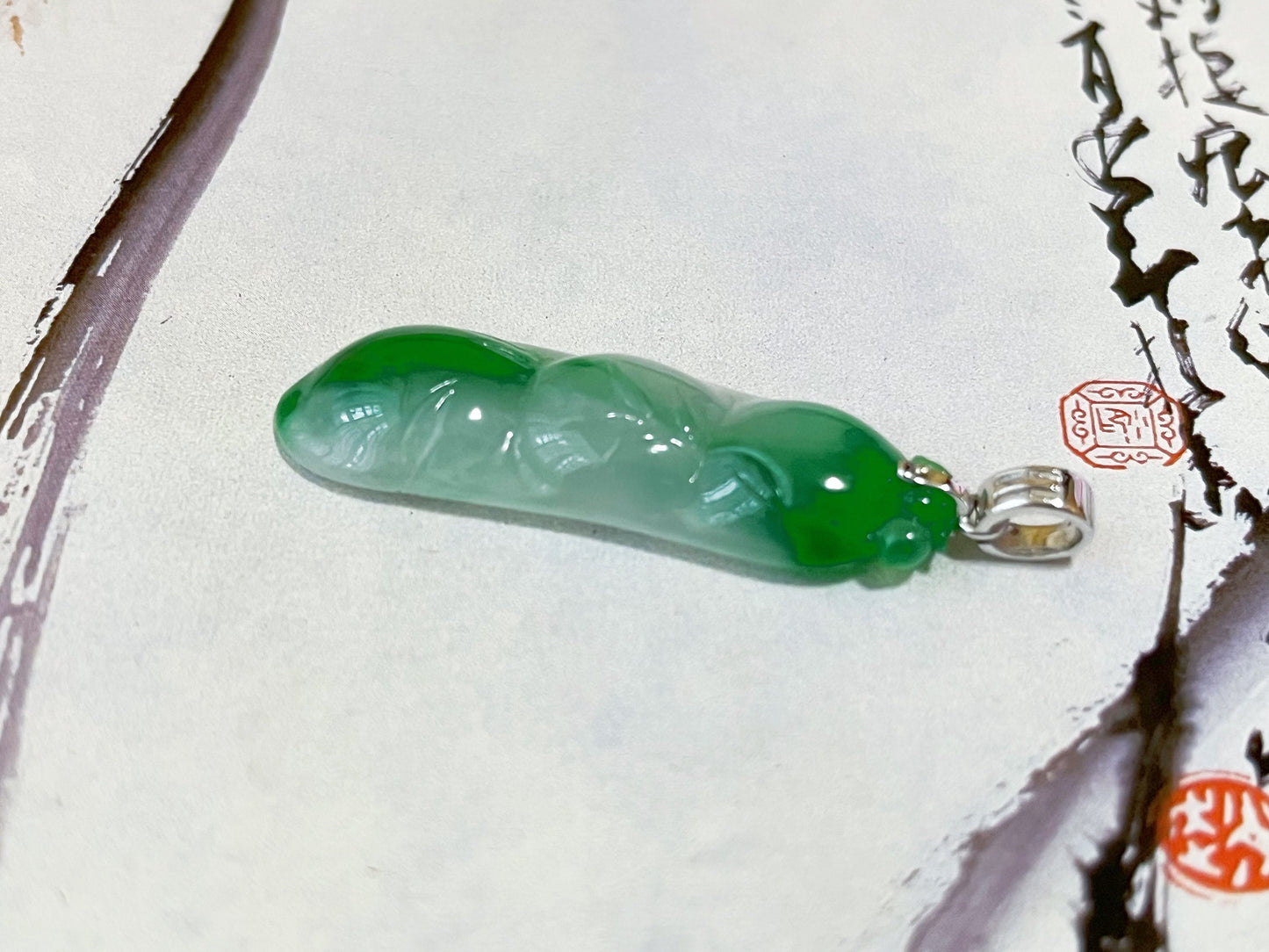 Green Jadeite Pea Pod Pendant - White Gold and Diamond Luck Symbol