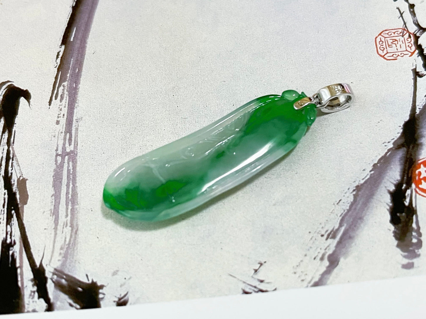 Green Jadeite Pea Pod Pendant - White Gold and Diamond Luck Symbol