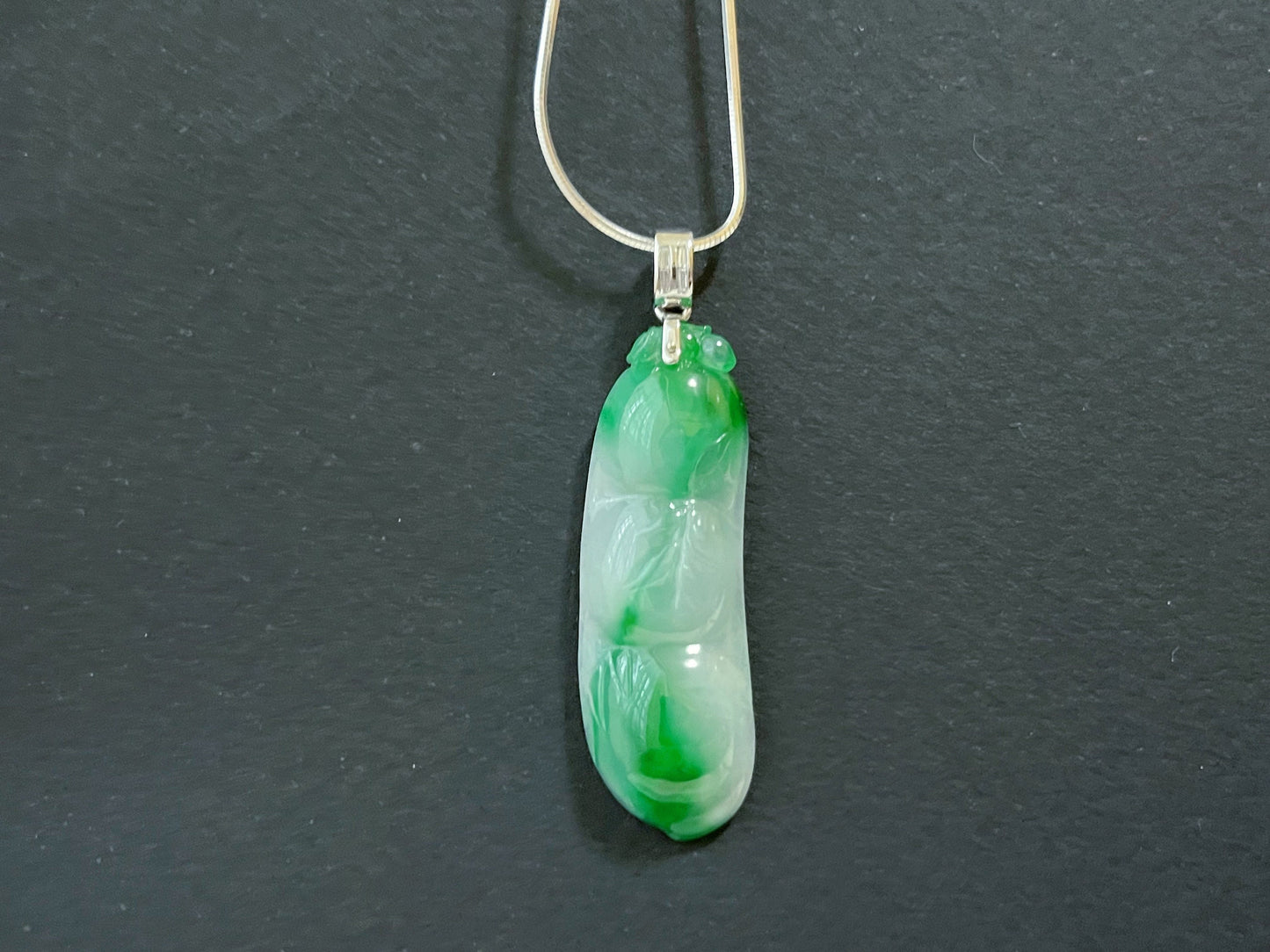 Green Jadeite Pea Pod Pendant - White Gold and Diamond Luck Symbol