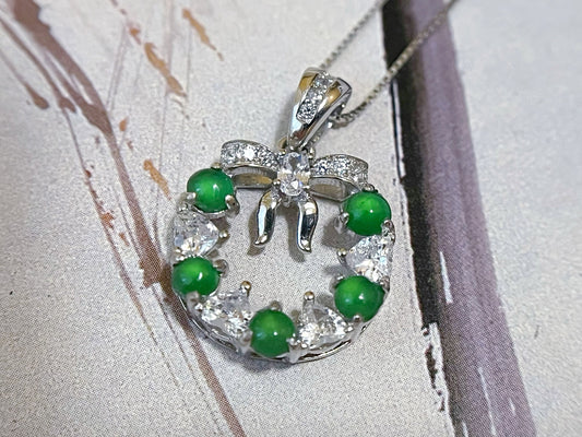 Natural Myanmar Imperial Green Jade Wreath Pendant in 925 Sterling Silver Necklace