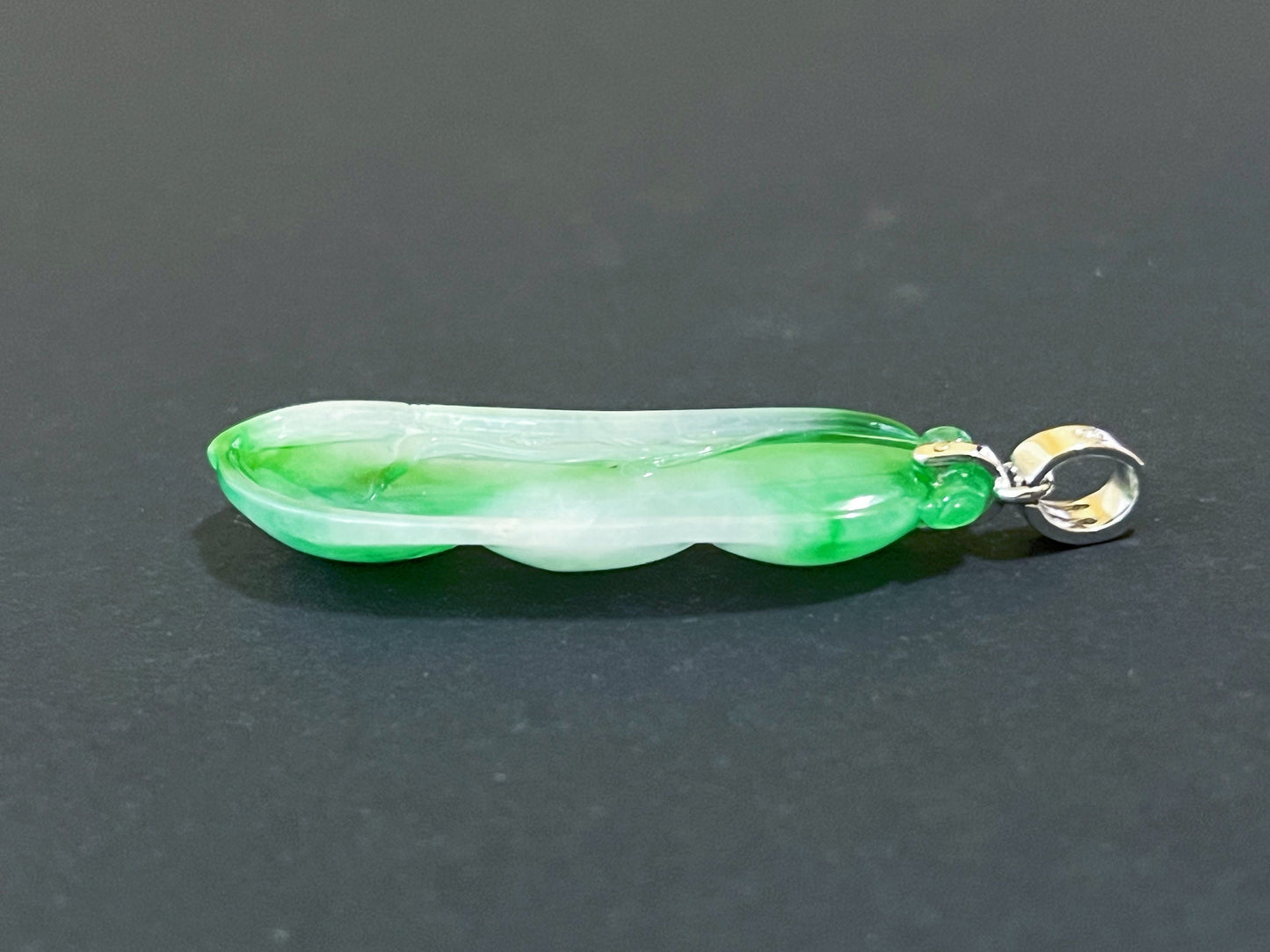 Green Jadeite Pea Pod Pendant - White Gold and Diamond Luck Symbol