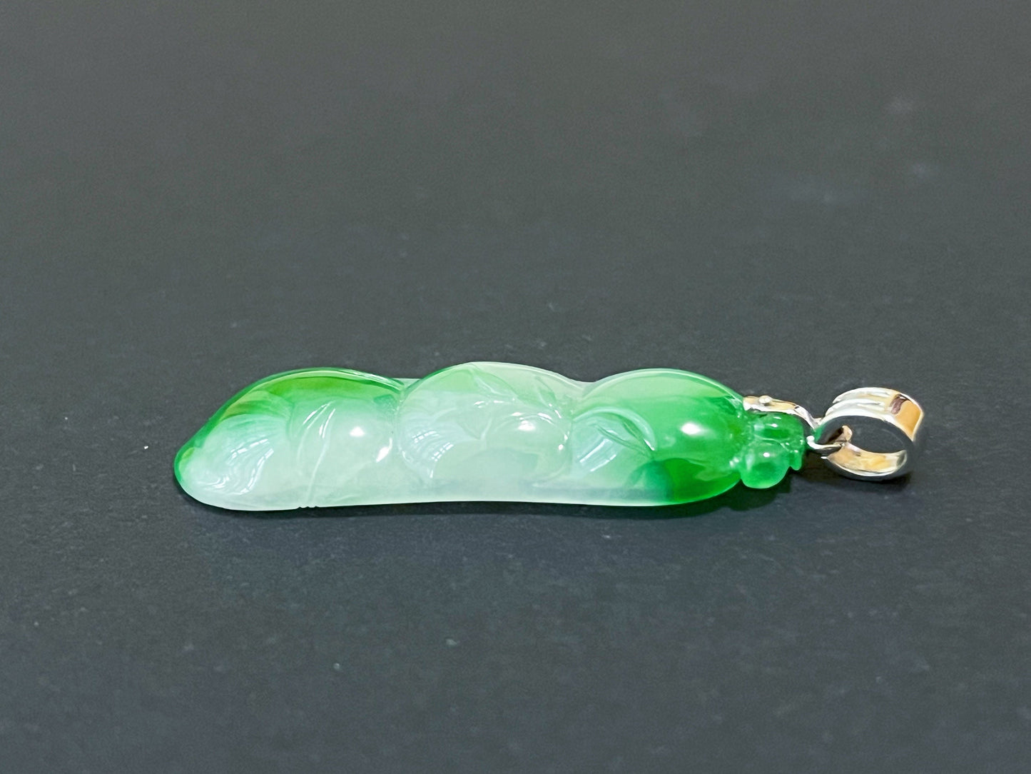 Green Jadeite Pea Pod Pendant - White Gold and Diamond Luck Symbol