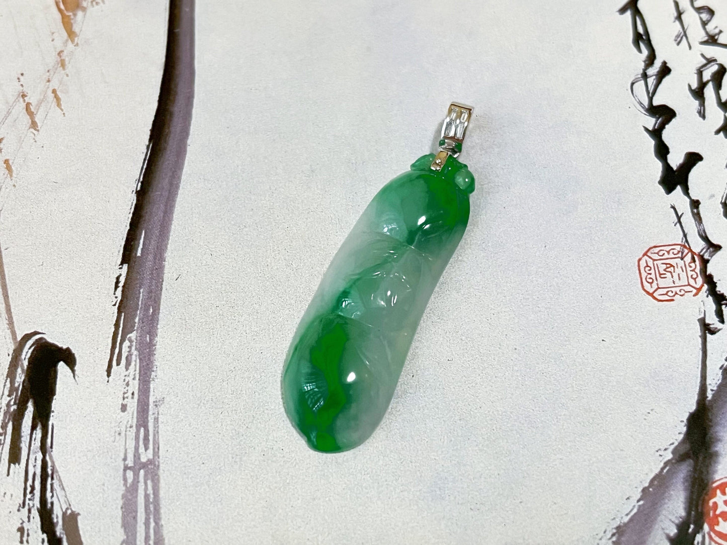 Green Jadeite Pea Pod Pendant - White Gold and Diamond Luck Symbol